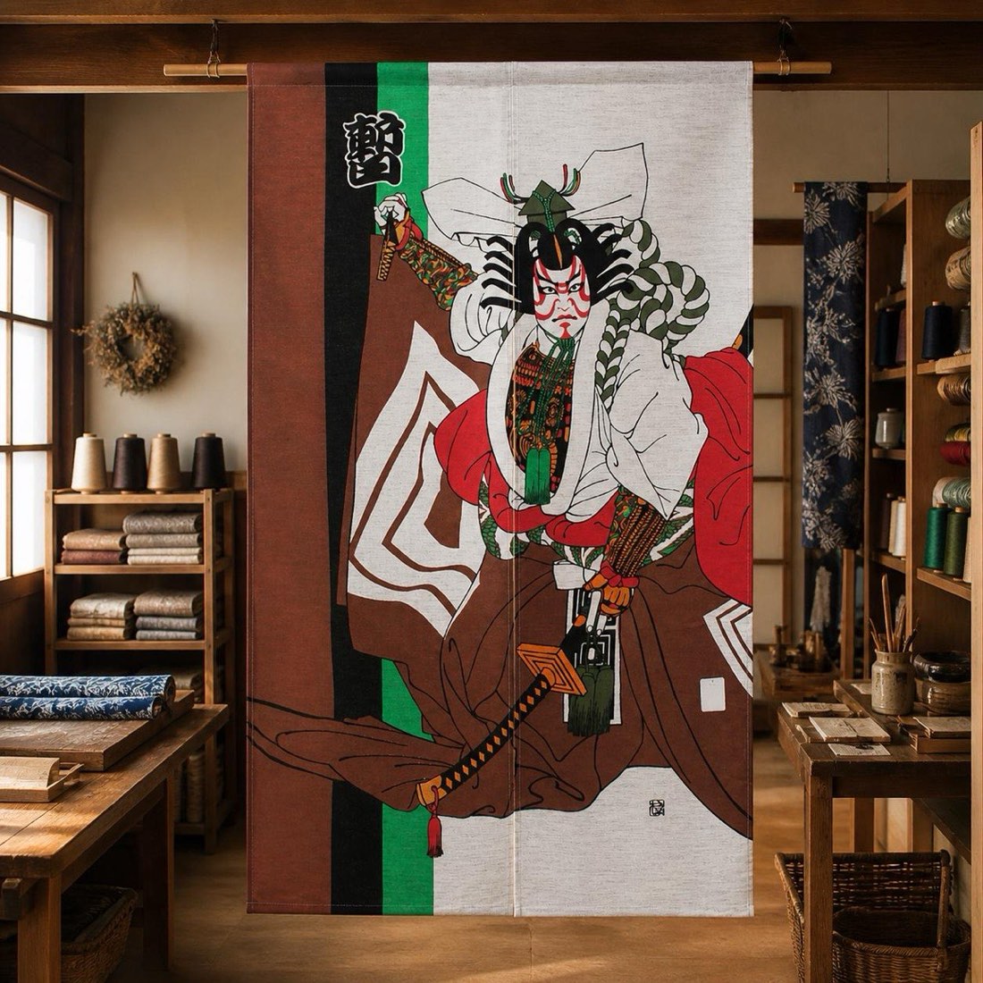 Japanese Noren Door Curtain, Kabuki Figure, 33.5 x 59.1 in, Made in Japan — view 10