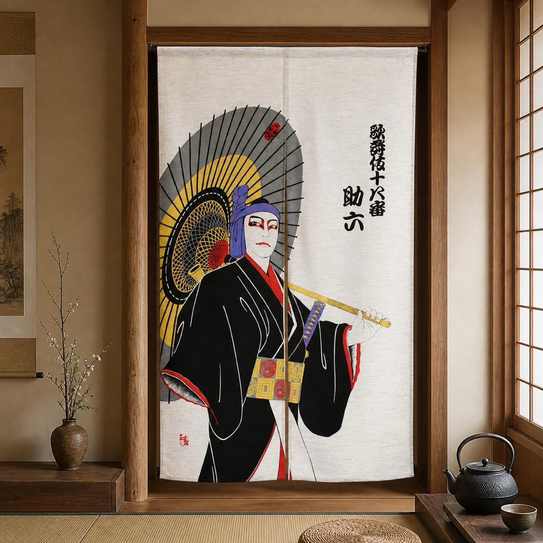 Japanese Noren Door Curtain, Kabuki Portrait, 33.5 x 59.1 in, Made in Japan — view 8