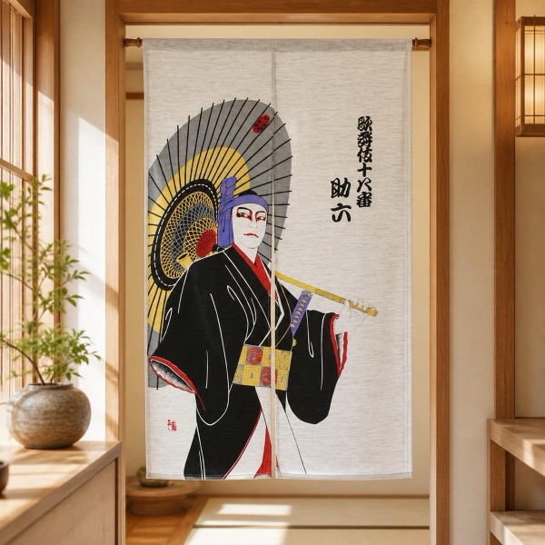 Japanese Noren Door Curtain, Kabuki Portrait, 33.5 x 59.1 in, Made in Japan