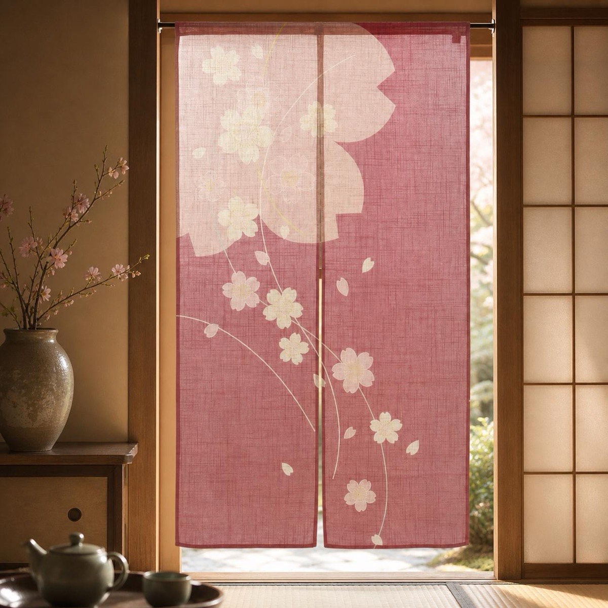 Japanese Noren Door Curtain, Line Sakura, 33.5 x 59.1 in, Made in Japan — view 2