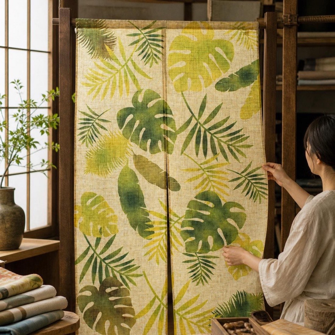 Japanese Noren Door Curtain, Monstera, 33.5 x 59.1 in, Made in Japan — view 9