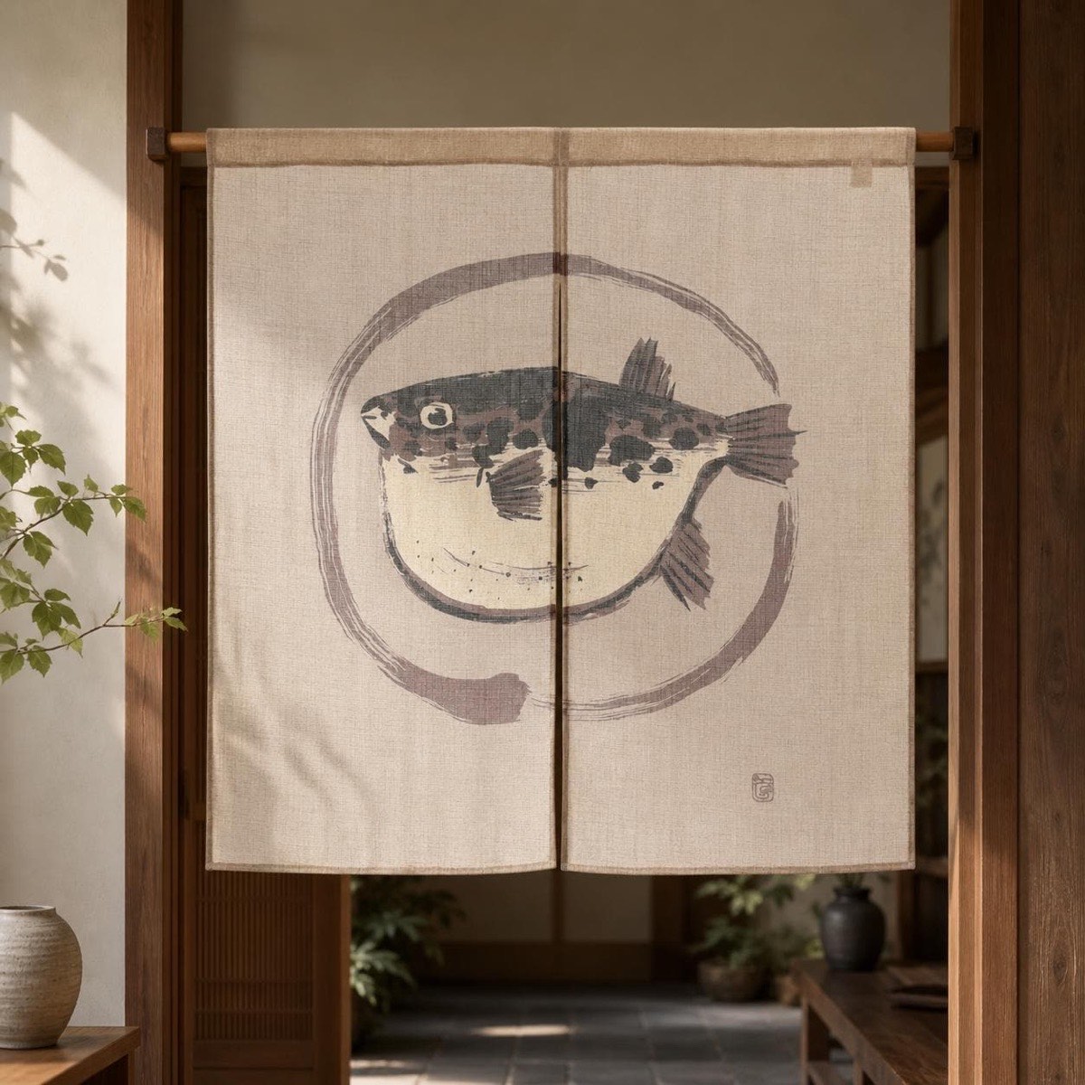 Japanese Noren Door Curtain, Pufferfish Circle, 33.5 x 35.4 in, Made in Japan — view 1
