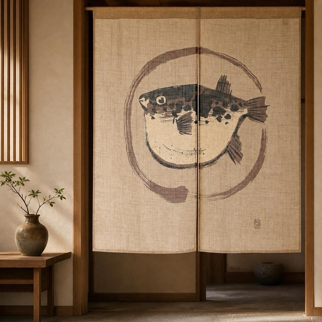 Japanese Noren Door Curtain, Pufferfish Circle, 33.5 x 35.4 in, Made in Japan — view 10