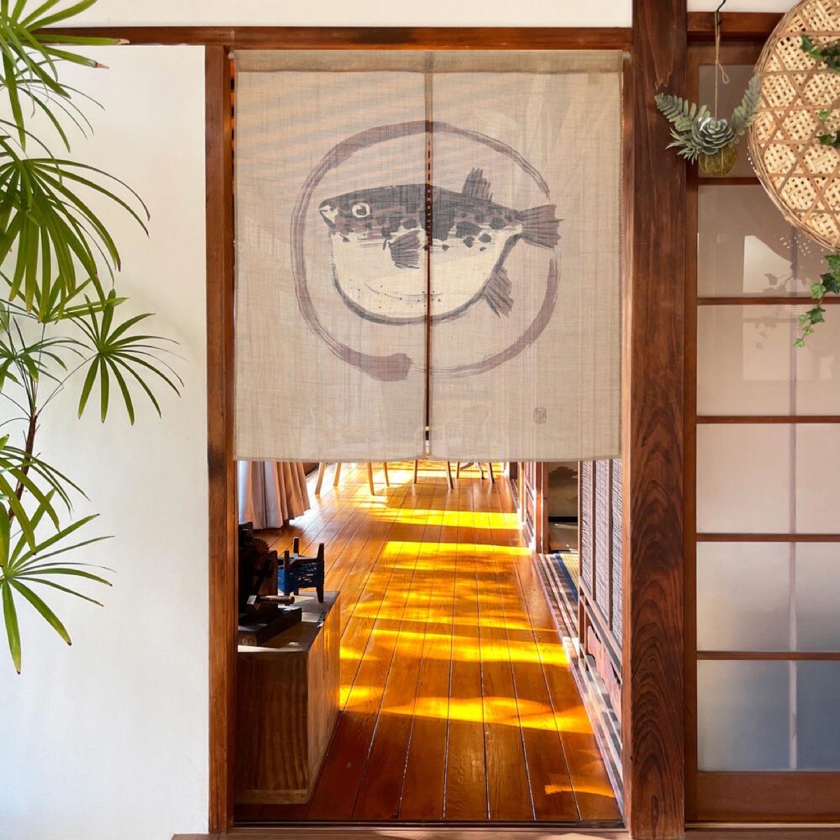 Japanese Noren Door Curtain, Pufferfish Circle, 33.5 x 35.4 in, Made in Japan — view 7