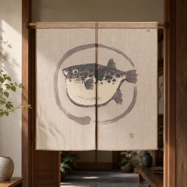 Japanese Noren Door Curtain, Pufferfish Circle, 33.5 x 35.4 in, Made in Japan