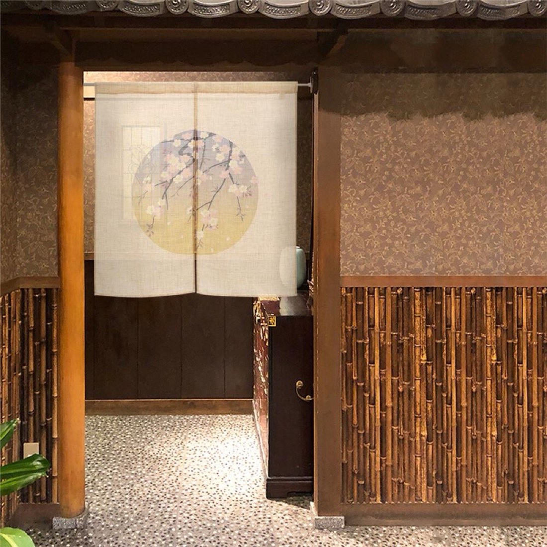 Japanese Noren Door Curtain, Round Window Sakura, 33.5 x 35.4 in, Made in Japan — view 8
