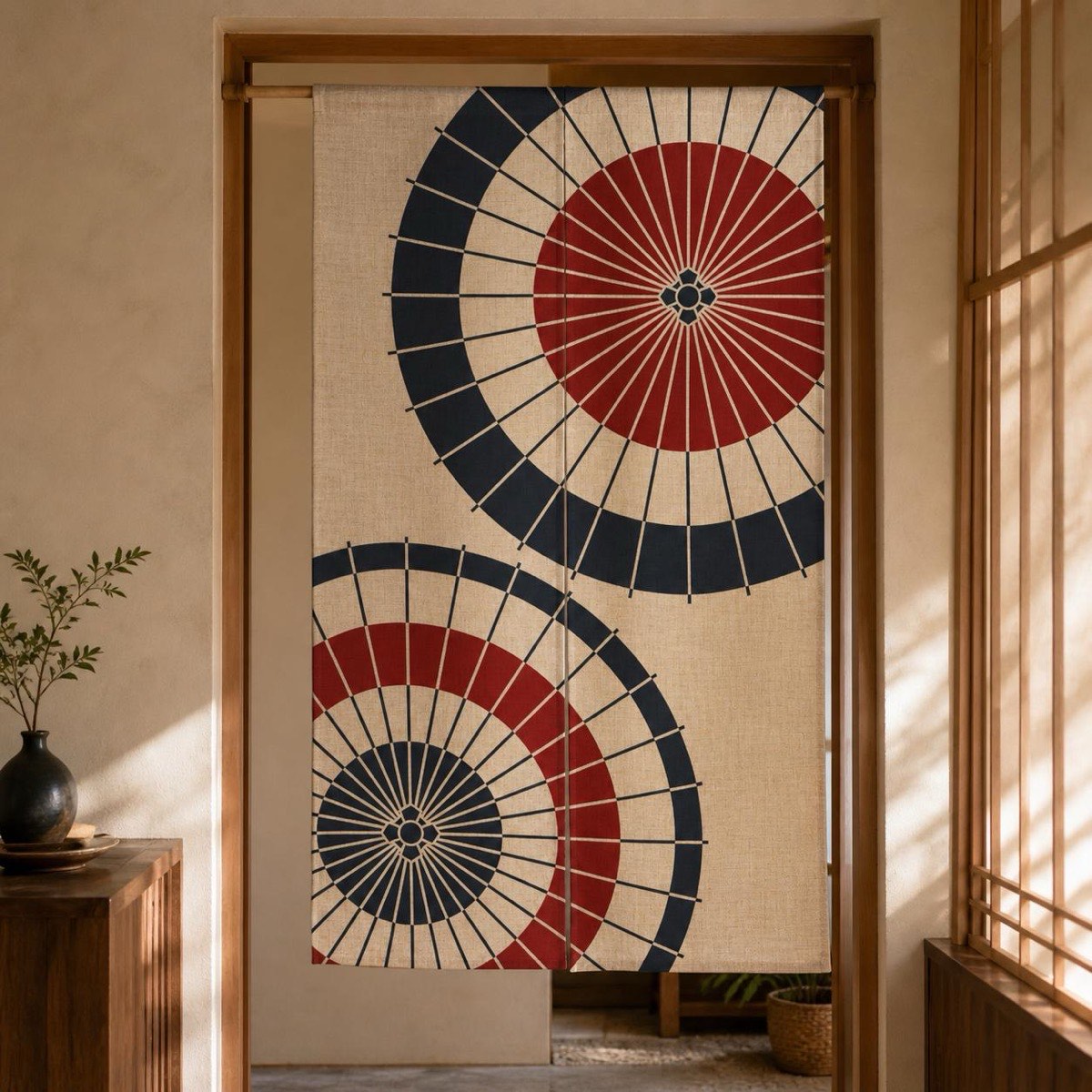 Japanese Noren Door Curtain, Twin Wagasa Umbrellas, 33.5 x 59.1 in, Made in Japan — view 1