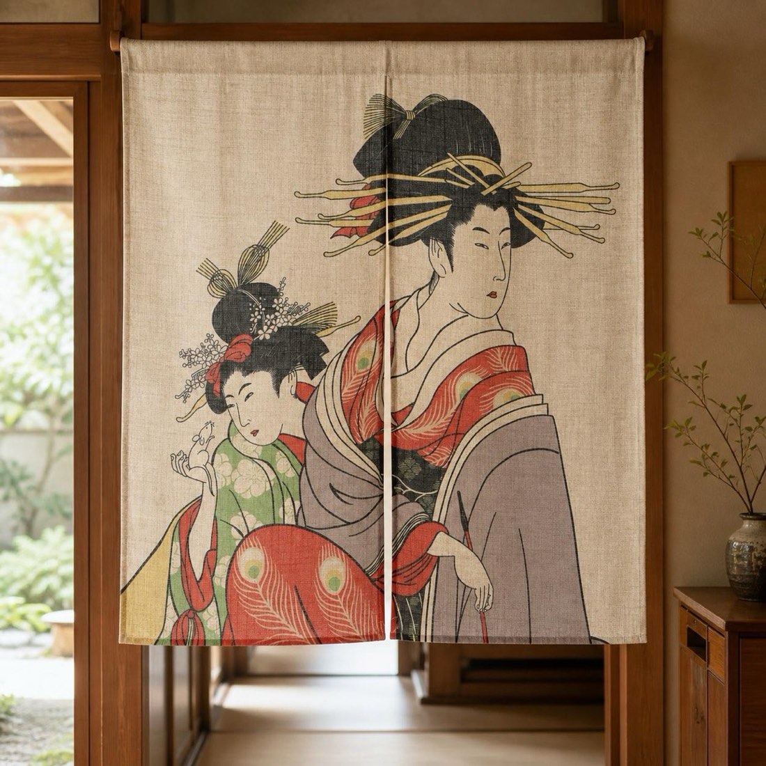 Japanese Noren Door Curtain, Two Beauty Portraits, 33.5 x 35.4 in, Made in Japan — view 1