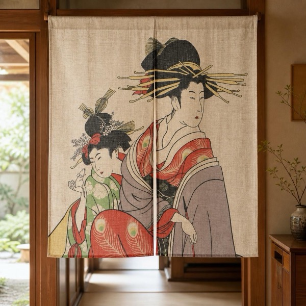 Japanese Noren Door Curtain, Two Beauty Portraits, 33.5 x 35.4 in, Made in Japan