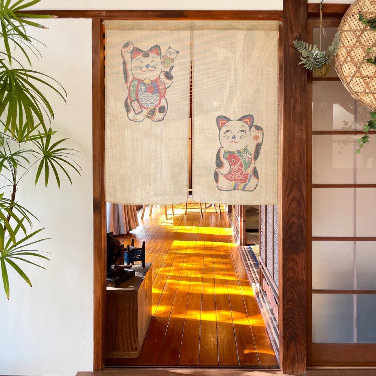 Japanese Noren Door Curtain, Two Beckoning Cats, 33.5 x 35.4 in, Made in Japan — view 1