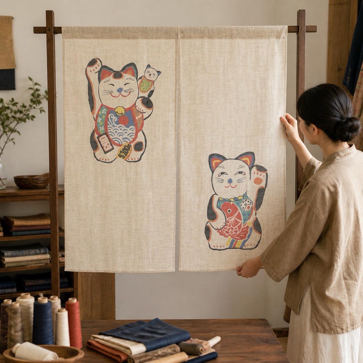 Japanese Noren Door Curtain, Two Beckoning Cats, 33.5 x 35.4 in, Made in Japan — view 9