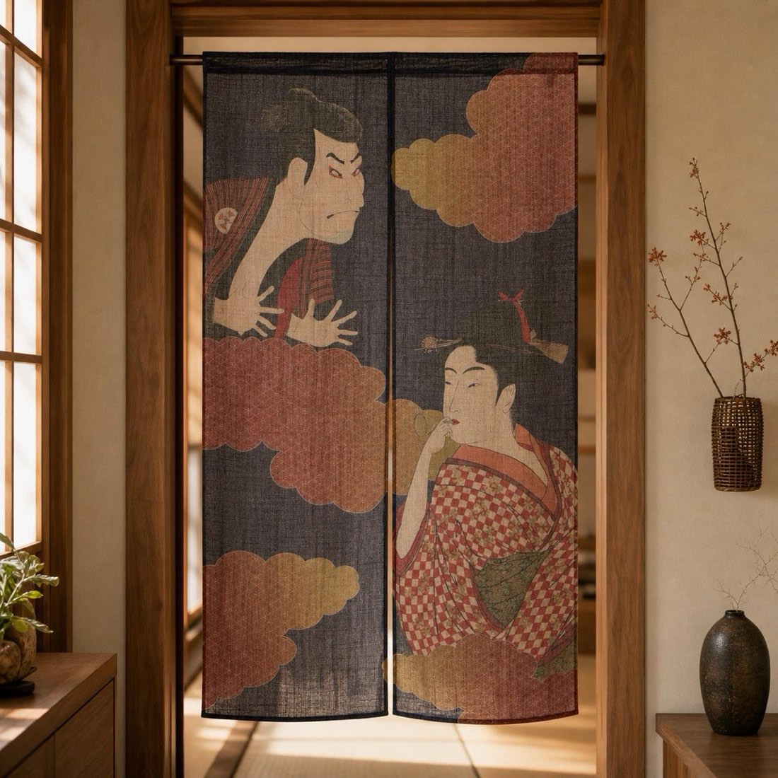 Japanese Noren Door Curtain, Ukiyoe Portrait Duo, 33.5 x 59.1 in, Made in Japan — view 1