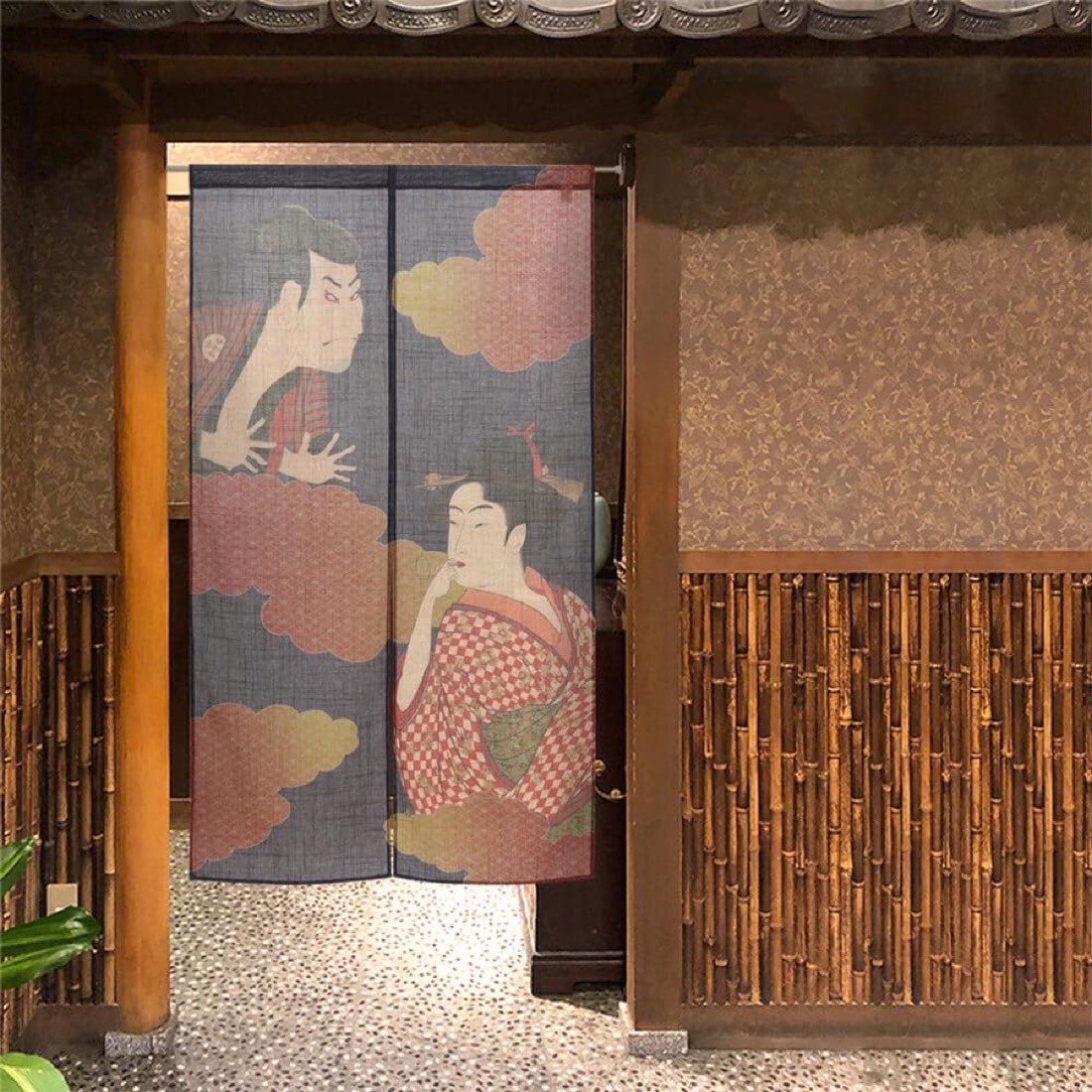 Japanese Noren Door Curtain, Ukiyoe Portrait Duo, 33.5 x 59.1 in, Made in Japan — view 9