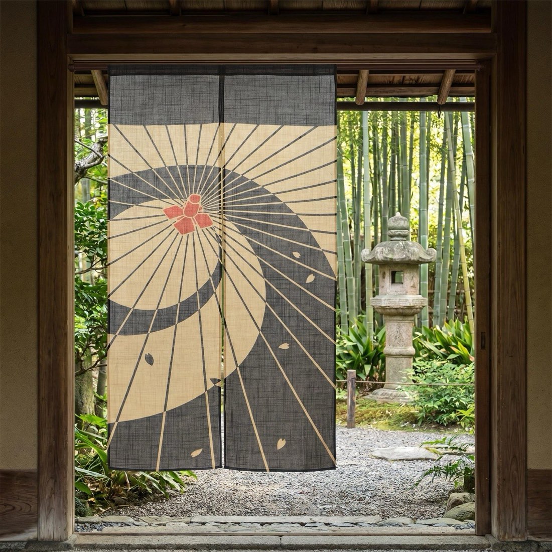 Japanese Noren Door Curtain, Umbrella Petals Print, Linen-like Fabric, Made in Japan — view 1