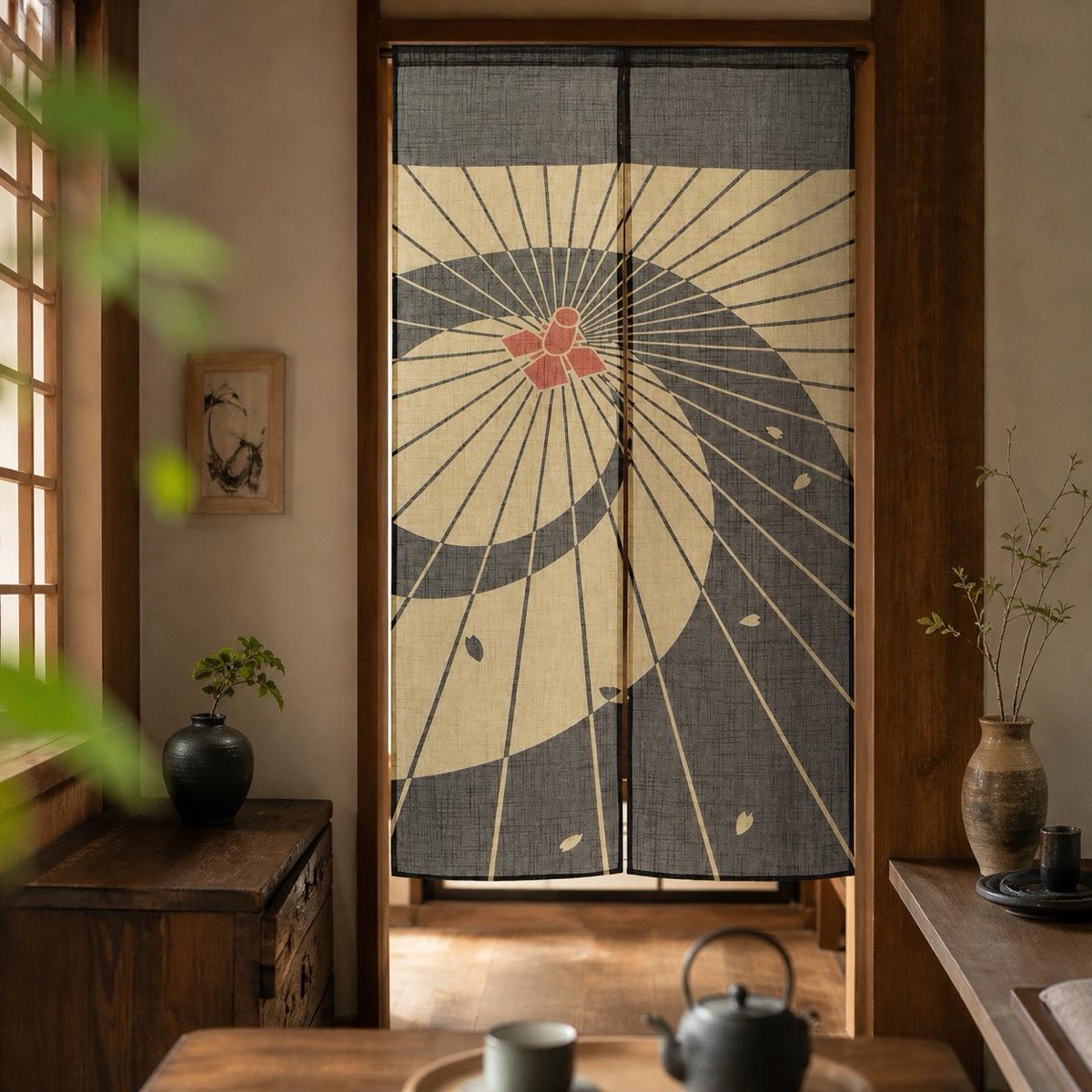 Japanese Noren Door Curtain, Umbrella Petals Print, Linen-like Fabric, Made in Japan — view 10