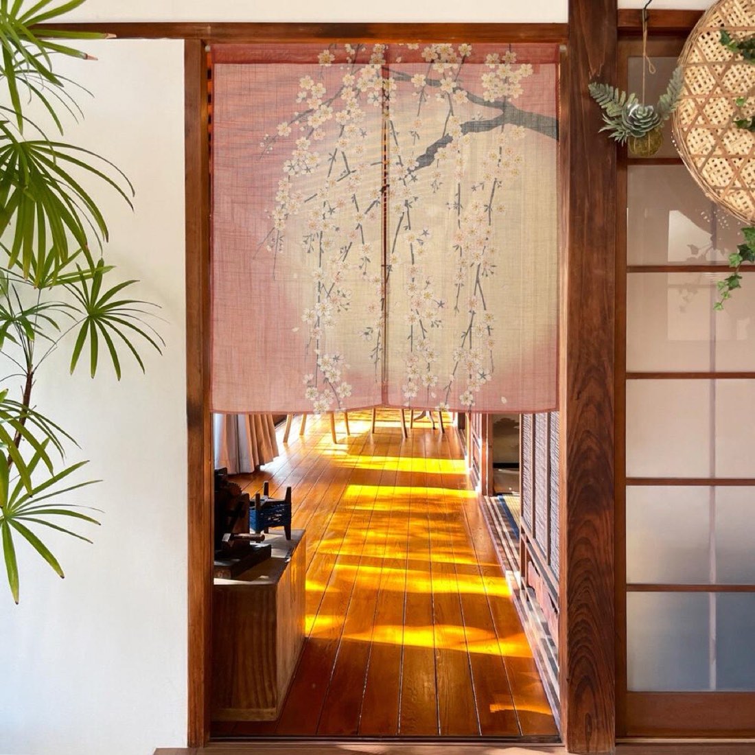Japanese Noren Door Curtain, Weeping Cherry Moon Print, 33.5 x 35.4 in — view 1