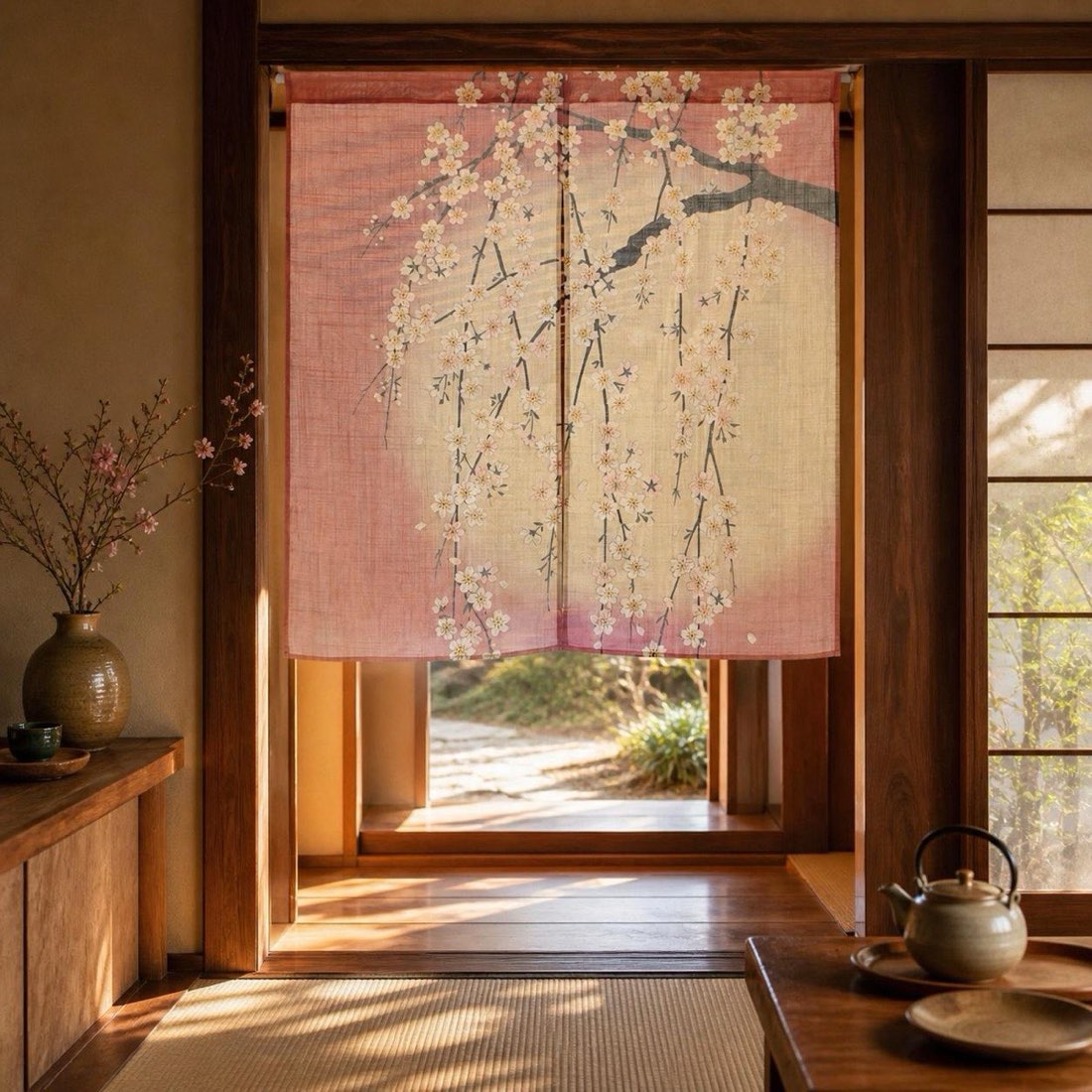 Japanese Noren Door Curtain, Weeping Cherry Moon Print, 33.5 x 35.4 in — view 10