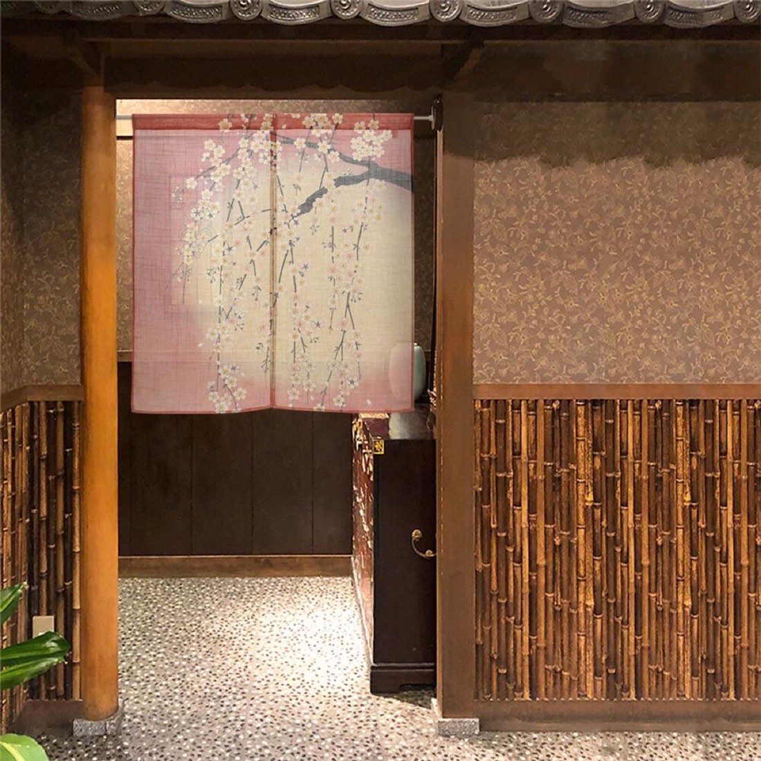 Japanese Noren Door Curtain, Weeping Cherry Moon Print, 33.5 x 35.4 in — view 2