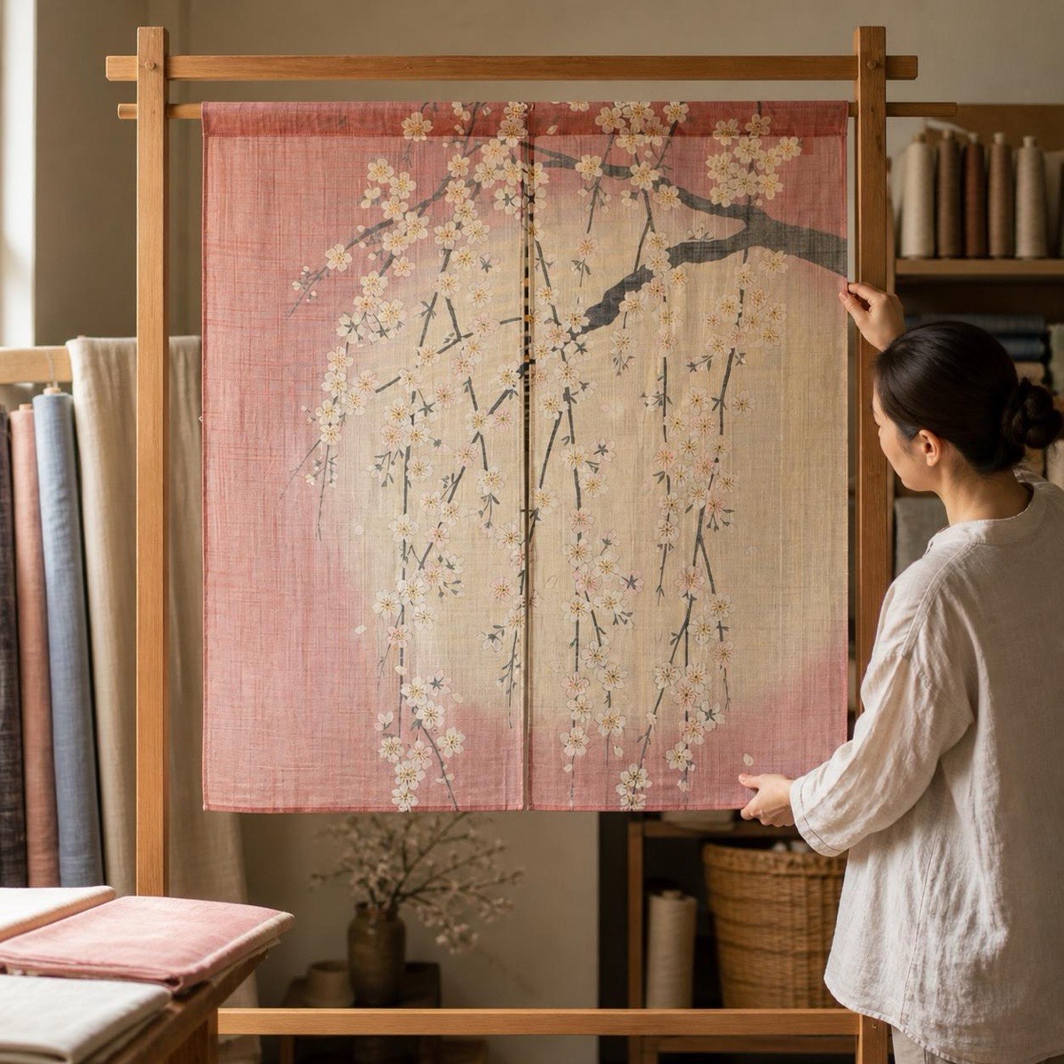 Japanese Noren Door Curtain, Weeping Cherry Moon Print, 33.5 x 35.4 in — view 8