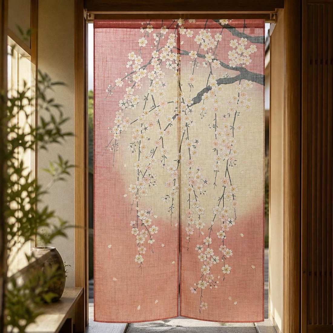 Japanese Noren Door Curtain, Weeping Cherry Moon Print, 33.5 x 59.1 in — view 1