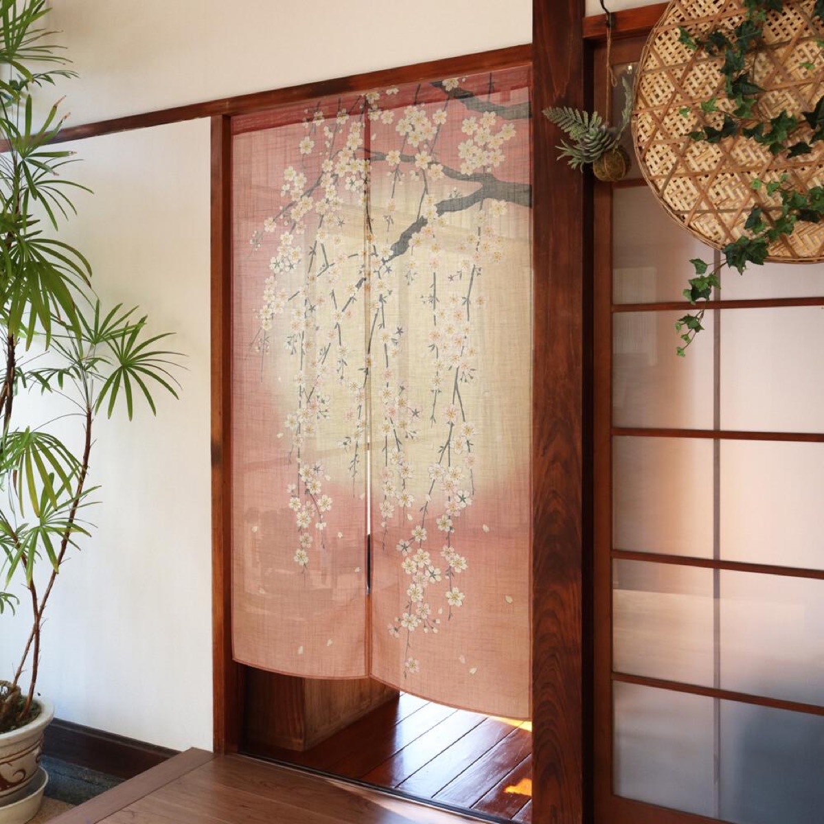 Japanese Noren Door Curtain, Weeping Cherry Moon Print, 33.5 x 59.1 in — view 2