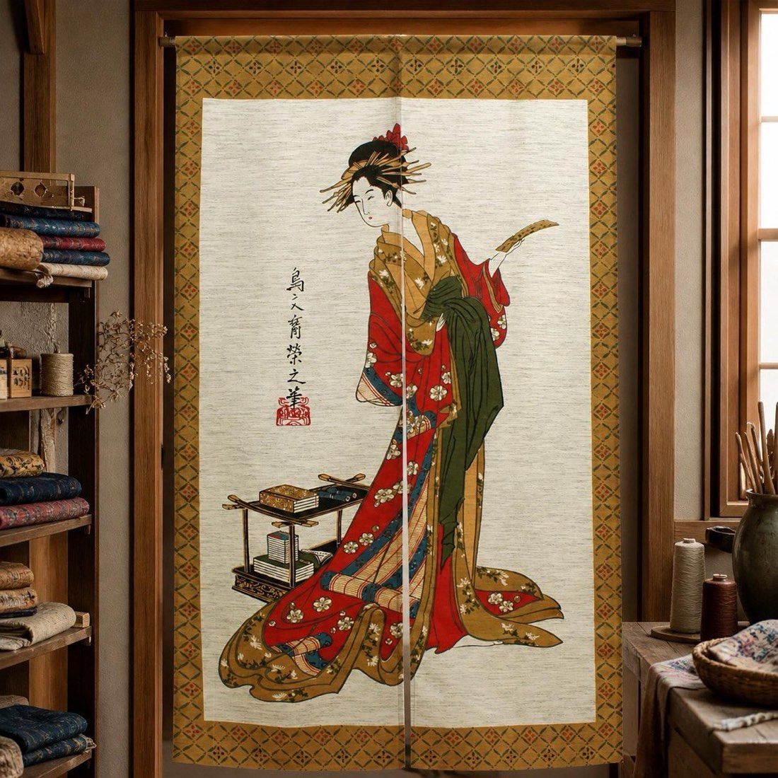 Japanese Noren Door Curtain, Woman Poem Print, Linen-Like Fabric, 33.5 x 59.1 in — view 1