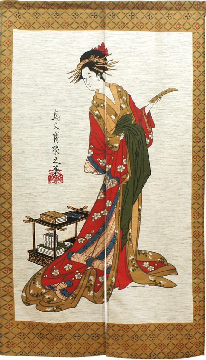 Japanese Noren Door Curtain, Woman Poem Print, Linen-Like Fabric, 33.5 x 59.1 in — view 2