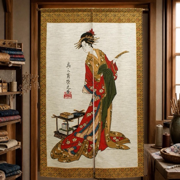 Japanese Noren Door Curtain, Woman Poem Print, Linen-Like Fabric, 33.5 x 59.1 in
