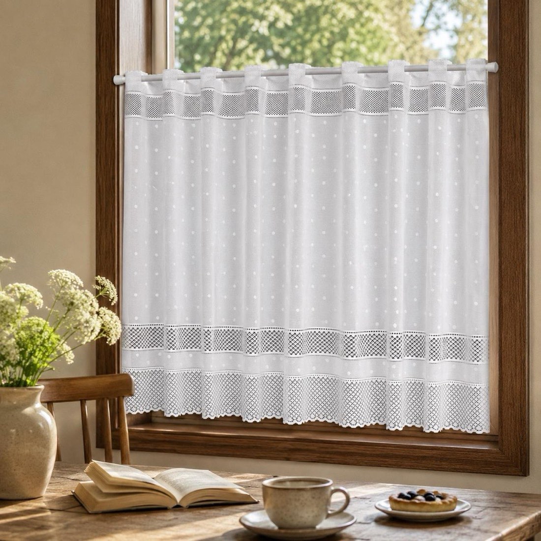 Japanese Polka Dot Lace Cafe Curtain, White Sheer Window Valance (59.1x35.4 in) — view 1