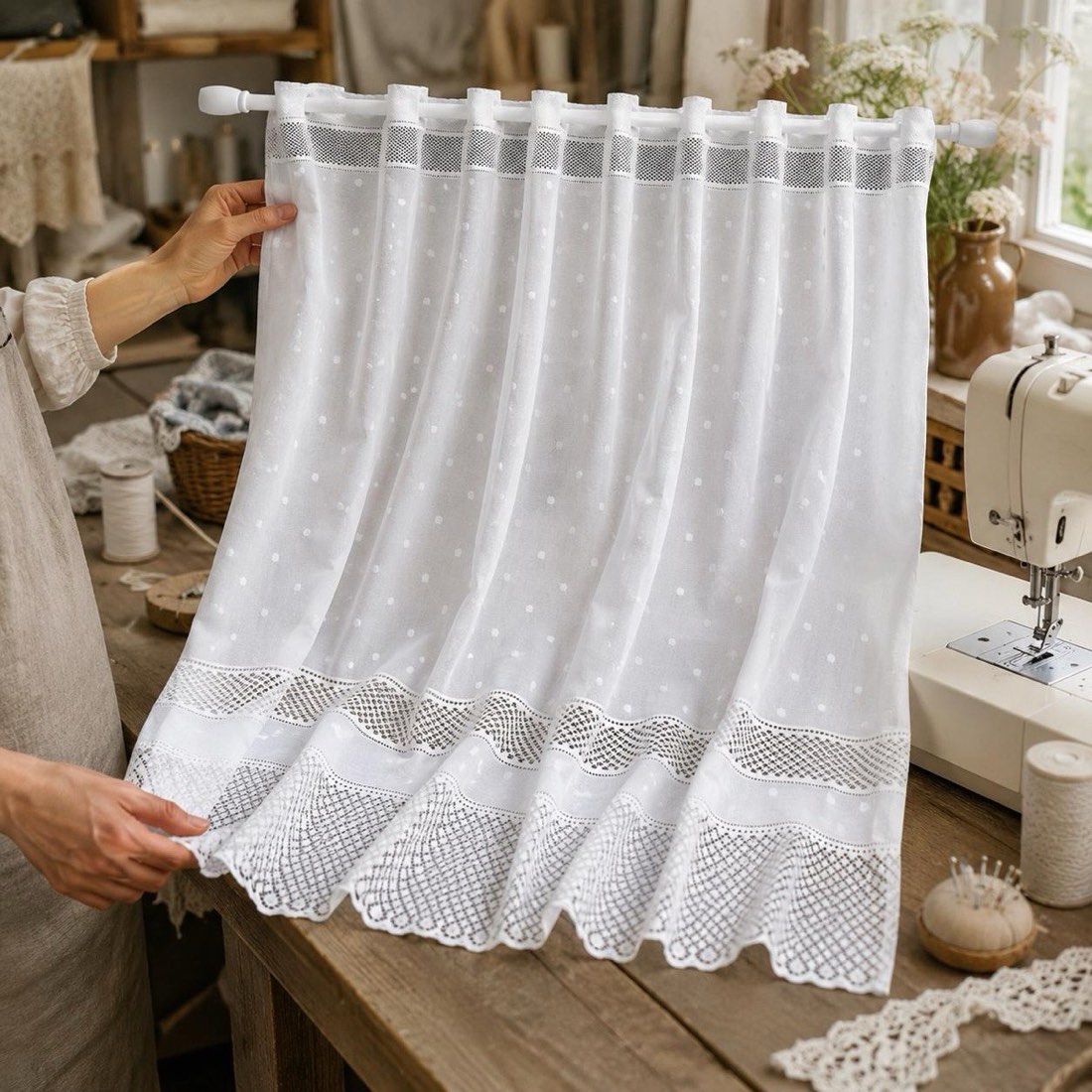 Japanese Polka Dot Lace Cafe Curtain, White Sheer Window Valance (59.1x35.4 in) — view 2