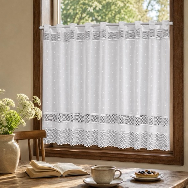 Japanese Polka Dot Lace Cafe Curtain, White Sheer Window Valance (59.1x35.4 in)