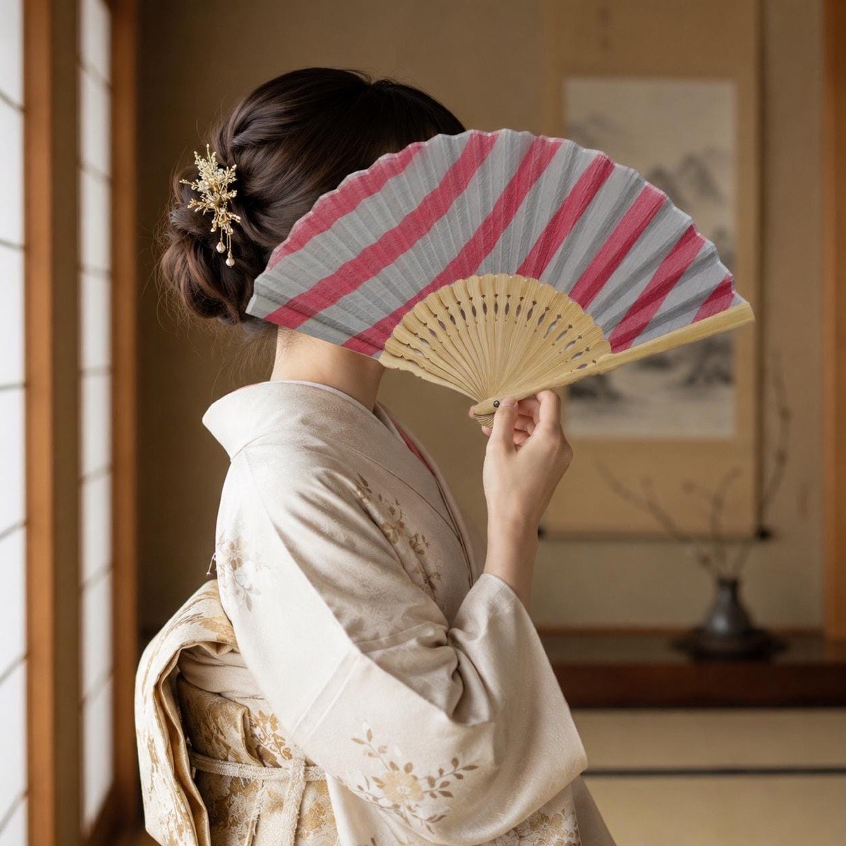 Japanese Sensu Folding Fan, Linen Bamboo Frame, Akane Snow Stripe, Made in Japan — view 2