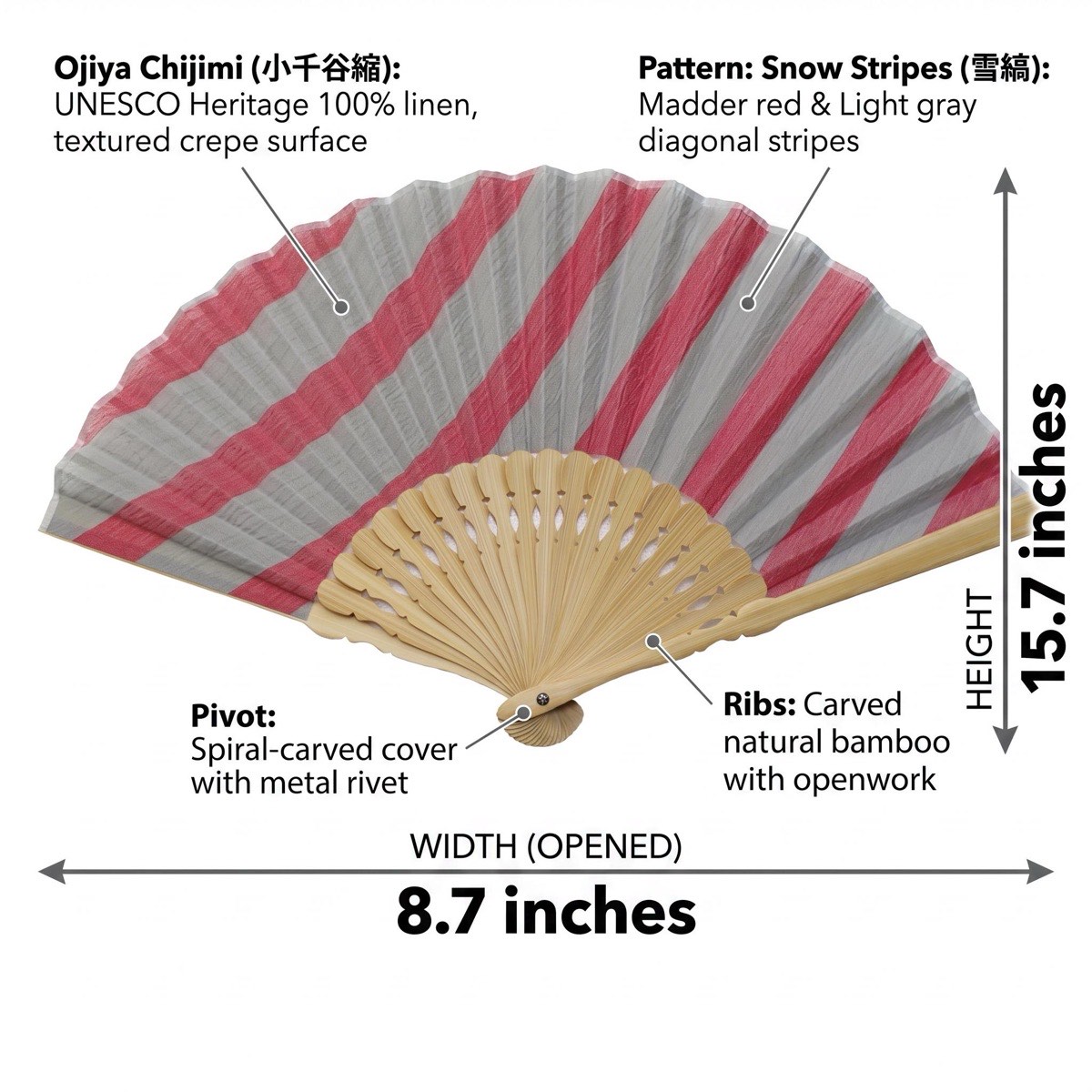 Japanese Sensu Folding Fan, Linen Bamboo Frame, Akane Snow Stripe, Made in Japan — view 3