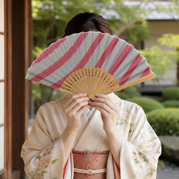 Japanese Sensu Folding Fan, Linen Bamboo Frame, Akane Snow Stripe, Made in Japan