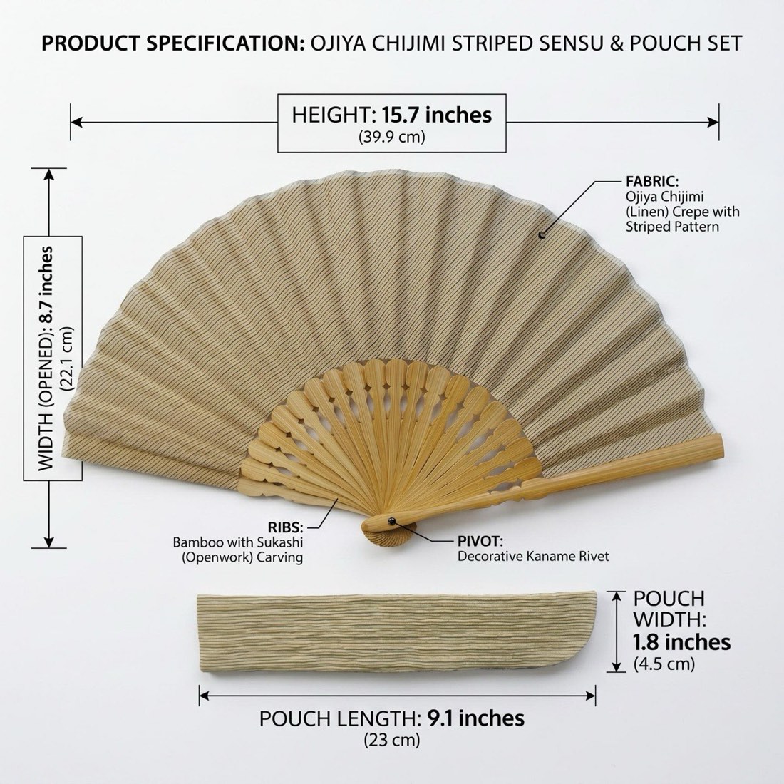 Japanese Sensu Folding Fan, Linen Ojiya Chijimi Beige Stripe, Bamboo Frame, Made in Japan — view 3