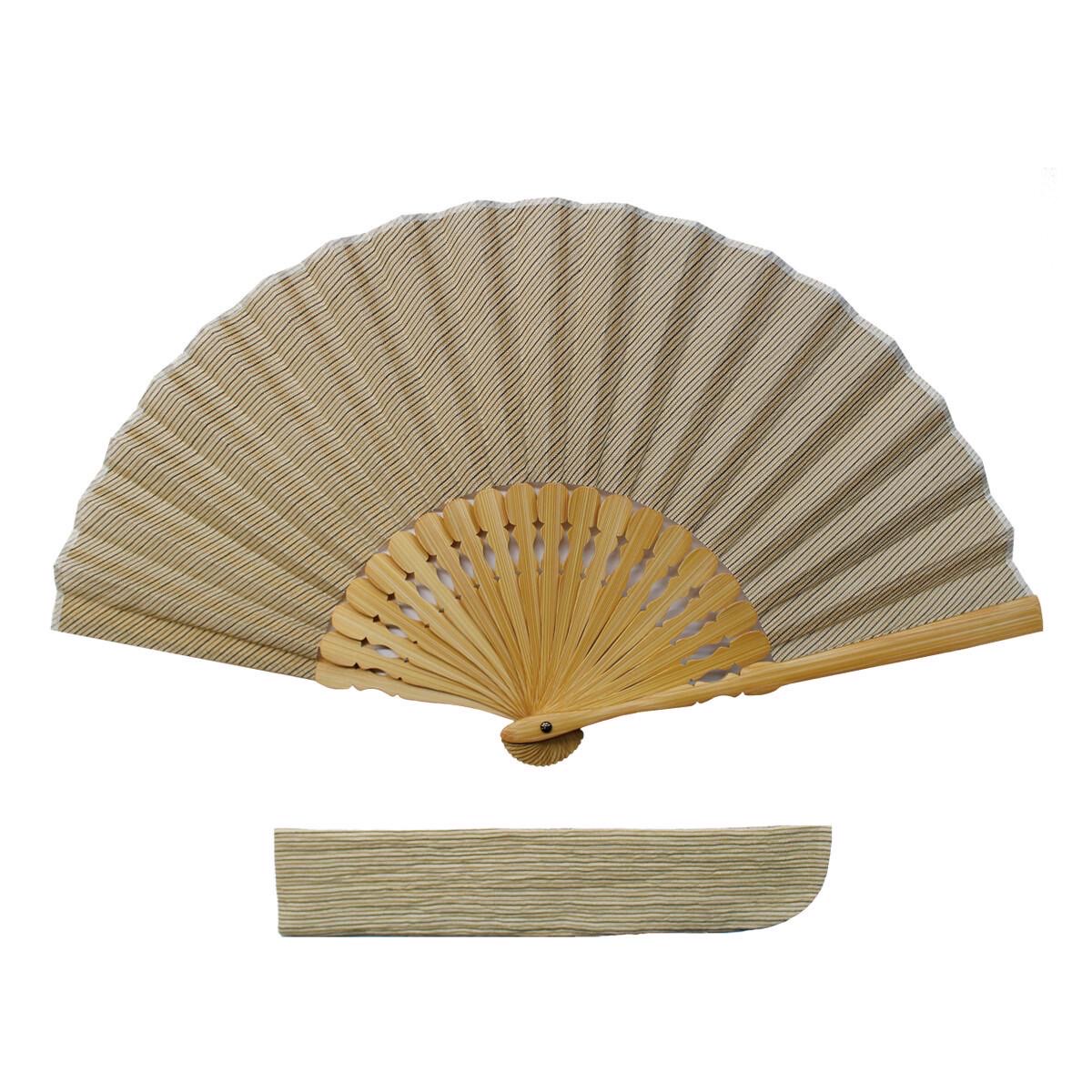 Japanese Sensu Folding Fan, Linen Ojiya Chijimi Beige Stripe, Bamboo Frame, Made in Japan — view 6