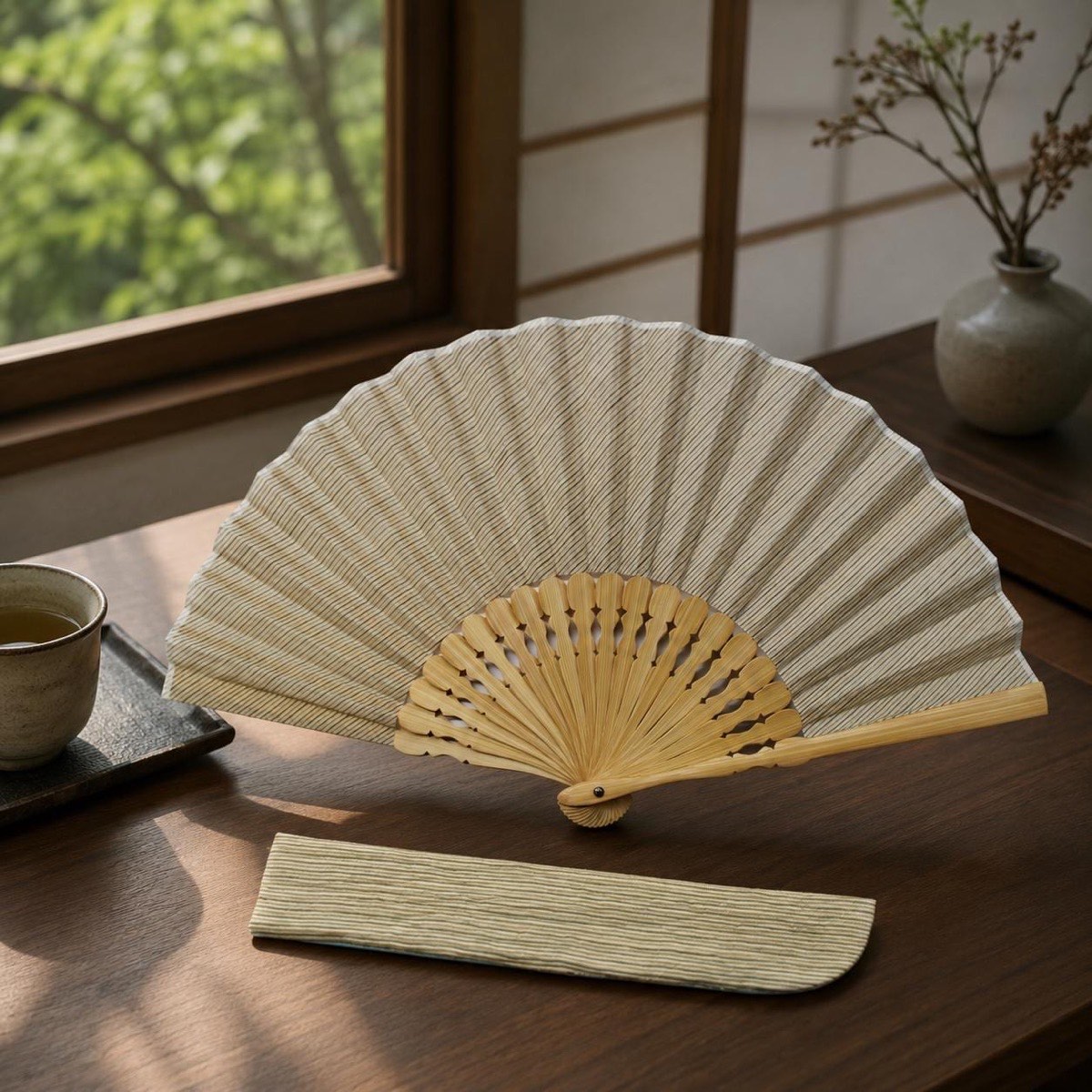 Japanese Sensu Folding Fan, Linen Ojiya Chijimi Beige Stripe, Bamboo Frame, Made in Japan — view 9