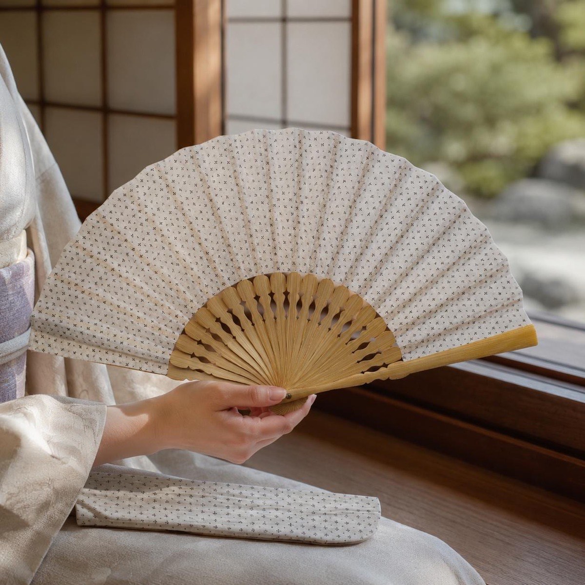 Japanese Sensu Folding Fan, Linen Ojiya Chijimi Cross Kasuri, Bamboo Frame, Made in Japan — view 2