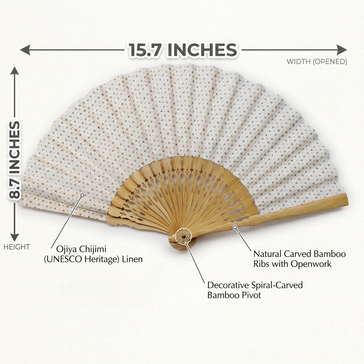 Japanese Sensu Folding Fan, Linen Ojiya Chijimi Cross Kasuri, Bamboo Frame, Made in Japan — view 3