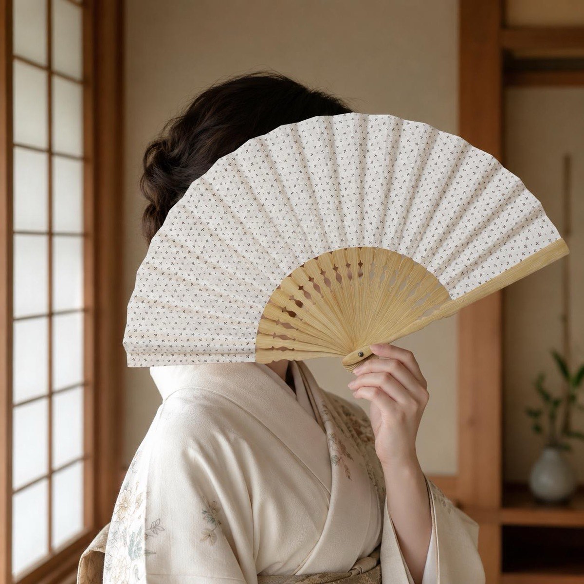 Japanese Sensu Folding Fan, Linen Ojiya Chijimi Cross Kasuri, Bamboo Frame, Made in Japan — view 9