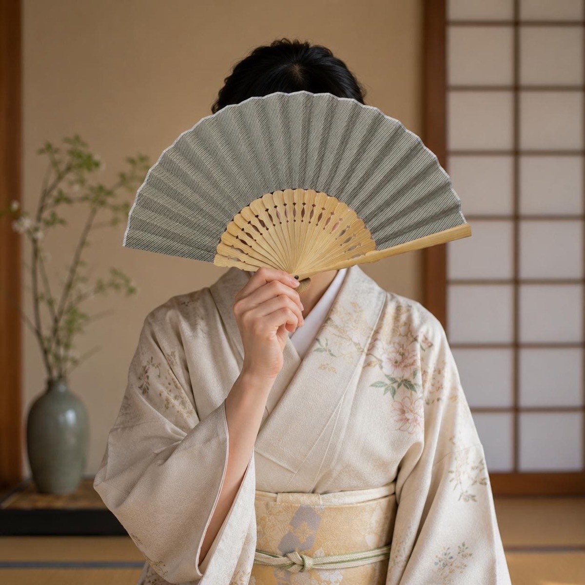 Japanese Sensu Folding Fan, Linen Ojiya Chijimi Green Stripe, Bamboo Frame, Made in Japan