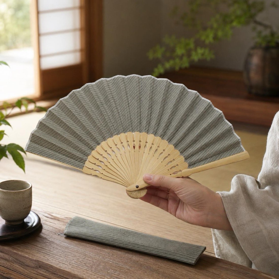 Japanese Sensu Folding Fan, Linen Ojiya Chijimi Green Stripe, Bamboo Frame, Made in Japan — view 2