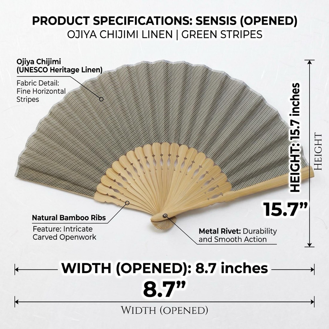 Japanese Sensu Folding Fan, Linen Ojiya Chijimi Green Stripe, Bamboo Frame, Made in Japan — view 3
