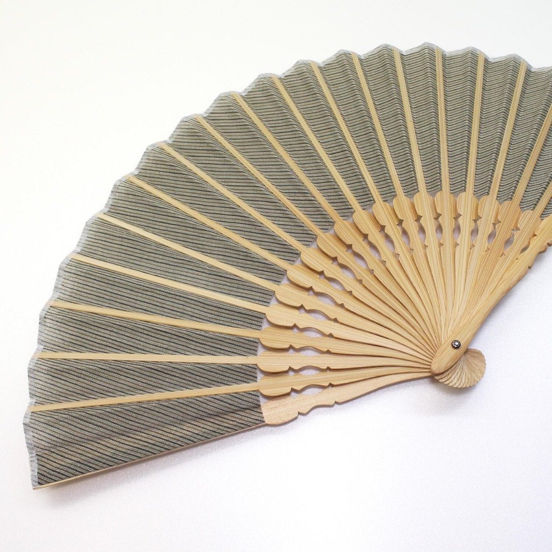 Japanese Sensu Folding Fan, Linen Ojiya Chijimi Green Stripe, Bamboo Frame, Made in Japan — view 6