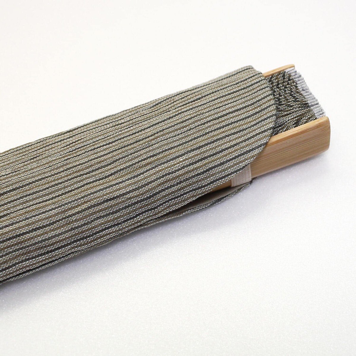 Japanese Sensu Folding Fan, Linen Ojiya Chijimi Green Stripe, Bamboo Frame, Made in Japan — view 9