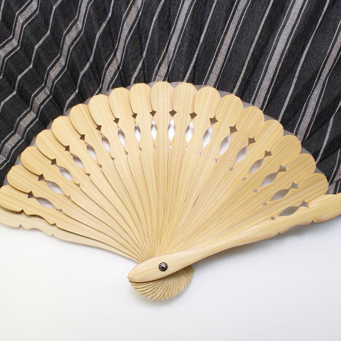 Japanese Sensu Folding Fan, Ojiya Chijimi Linen, Bamboo Frame, Black Stripe — view 4