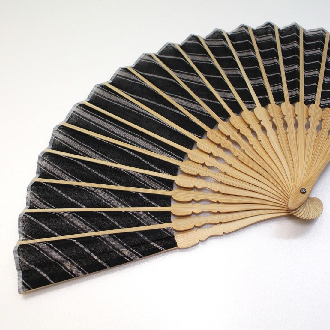 Japanese Sensu Folding Fan, Ojiya Chijimi Linen, Bamboo Frame, Black Stripe — view 6