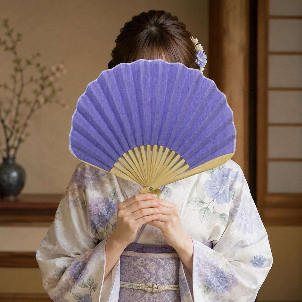 Japanese Shell Sensu Fan, Linen Ojiya Chijimi Lavender, Bamboo Frame, Made in Japan — view 1