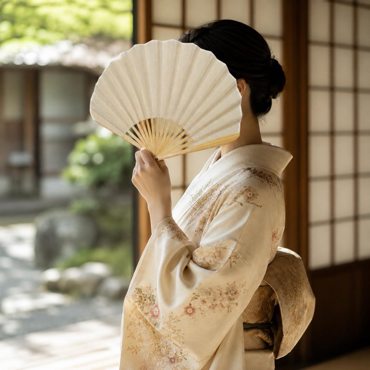 Japanese Shell Sensu Fan, Linen Ojiya Chijimi Light Brown, Bamboo Frame, Made in Japan — view 2