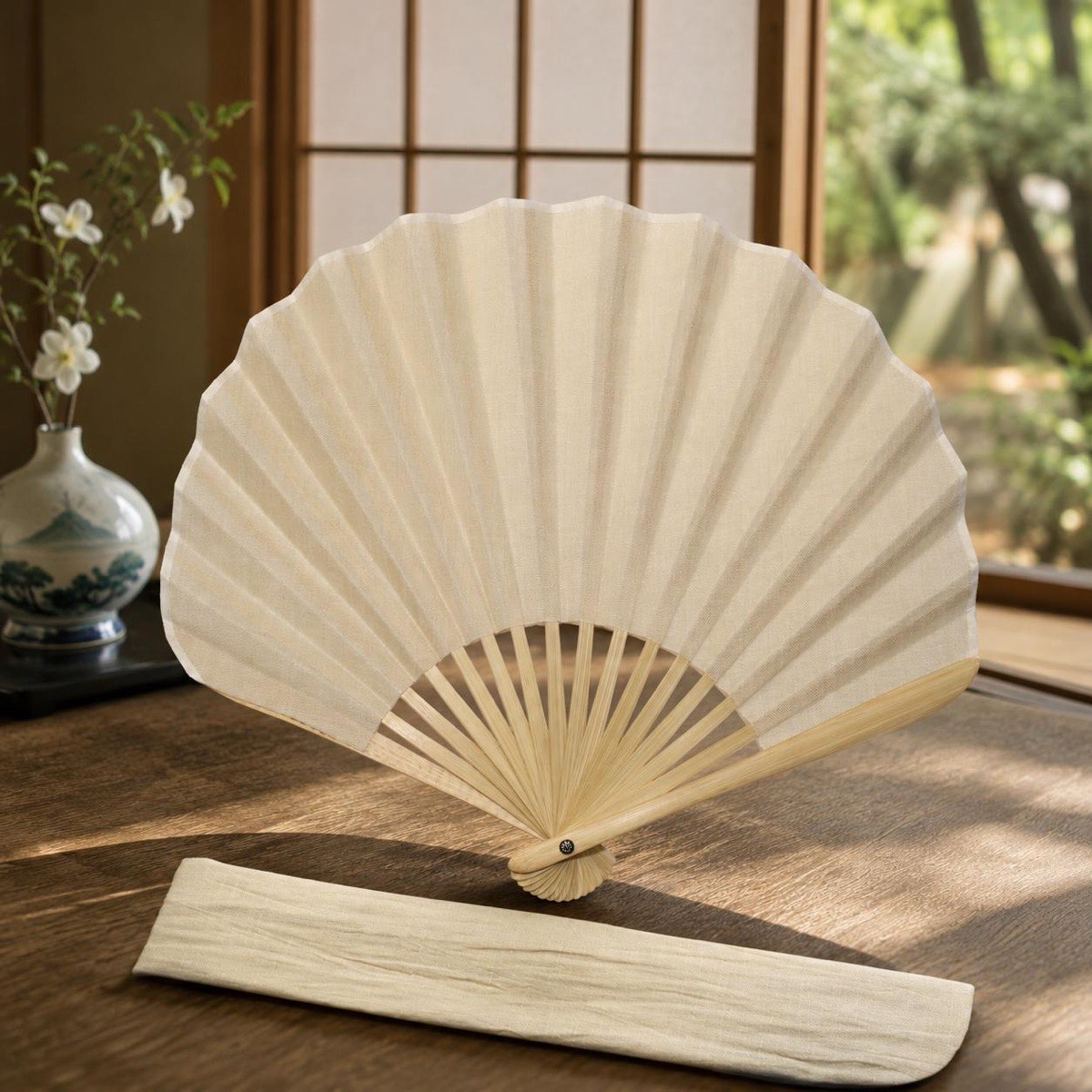 Japanese Shell Sensu Fan, Linen Ojiya Chijimi Light Brown, Bamboo Frame, Made in Japan — view 9